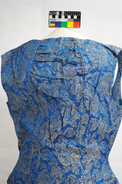 DRESS, Evening, blue and gold brocade