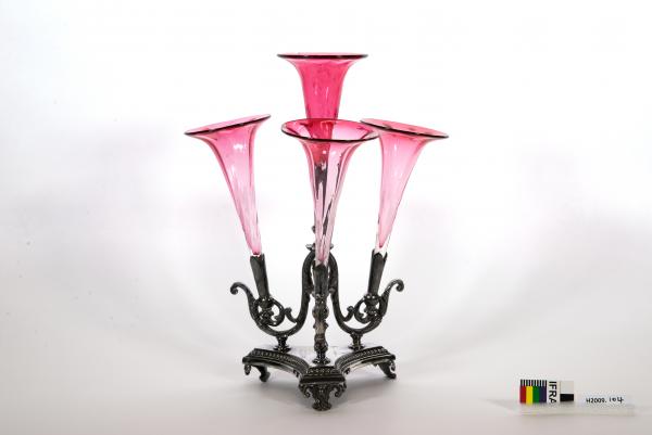 EPERGNE, four rose coloured glass vases