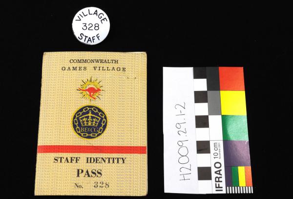 STAFF IDENTITY PASS AND BADGE, Games Village, No. 328, VIIth British Empire & Commonwealth Games, Perth, 1962