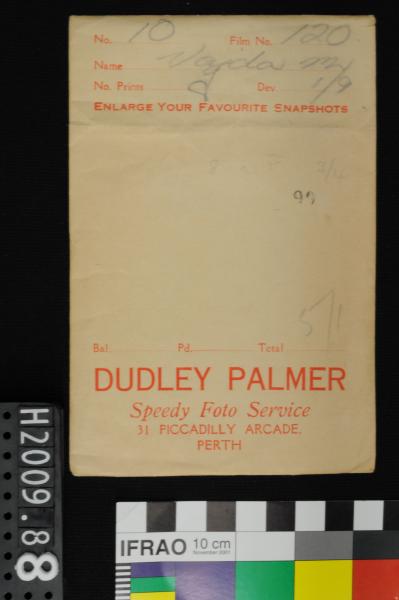 ENVELOPE, photographic, ‘Palmer’s Photographic Service’, Piccadilly Arcade, Perth, 1950s