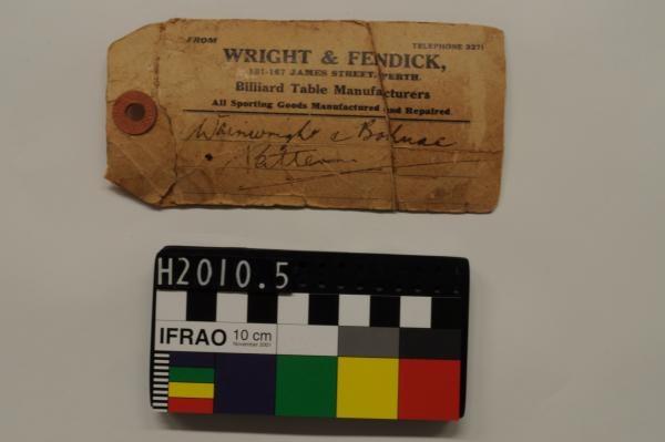 SWING TAG, 'WRIGHT & FENDICK' sales label