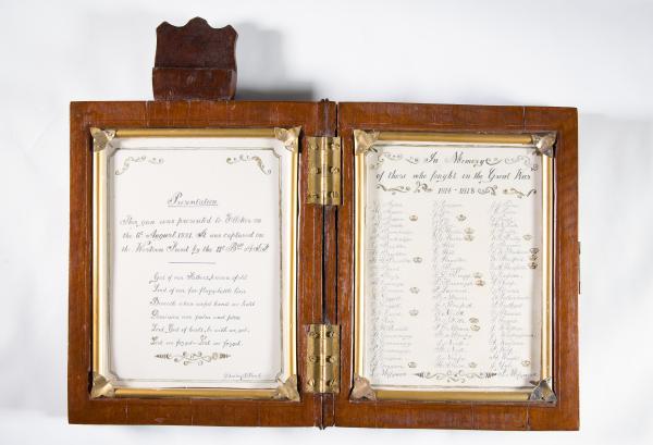 HONOUR BOARD, World War One, hand -carved jarrah book, hand-written roll of honour inside. Ex Elleker Hall