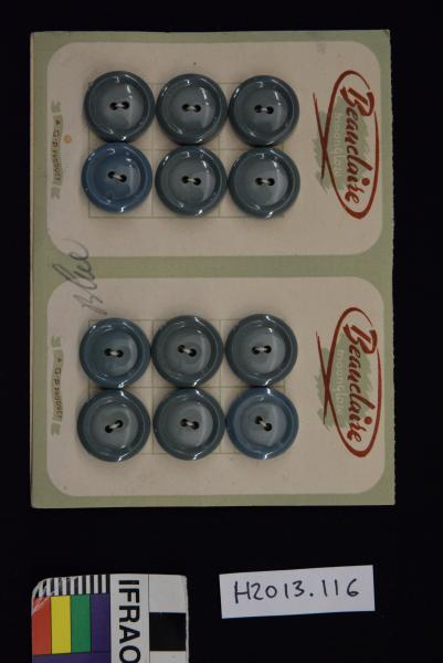 BUTTON SHEET, twelve grey- green buttons on two joined cards, 'Beuclaire'