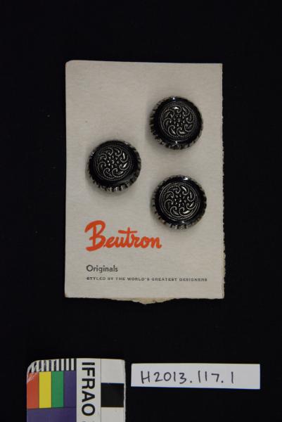 BUTTON SHEET, six black and silver buttons on two joined cards, 'Beutron'