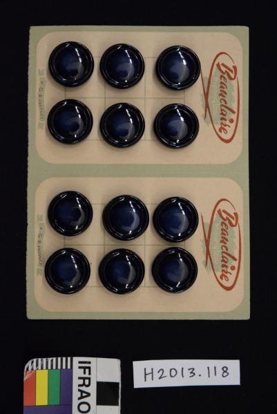 BUTTON SHEET, twelve navy blue buttons on two joined cards, 'Beauclaire'