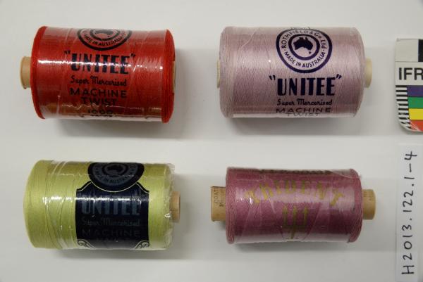 COTTON SEWING THREAD, 4 x  reels of. New, 3 x "Rothfield"; red, lime green, lilac. 1 x "Trident", mauve