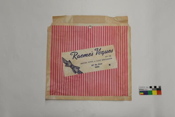 SHOPPING BAG, paper, 'Raeme's Vogues', blue lettering against vertical pink stripe. Missing handles