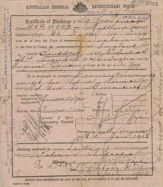 DISCHARGE CERTIFICATE, AIF, WWI, ‘3915 Private/ HARWOOD – Matthew/ 16th Battn. 4th Brig/ … Perth/ 16-1-1918/ …’, fabric