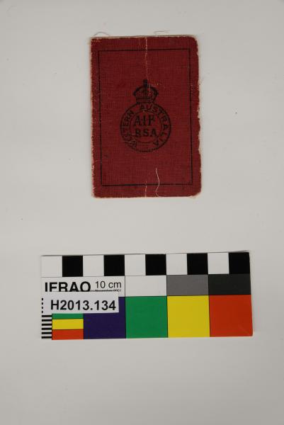 MEMBERSHIP CARD, crimson, ‘… Private No. 3915/ … Harwood M/ … A.I.F. RETURNED SOLDIERS’ ASSOCIATION', c. 1918