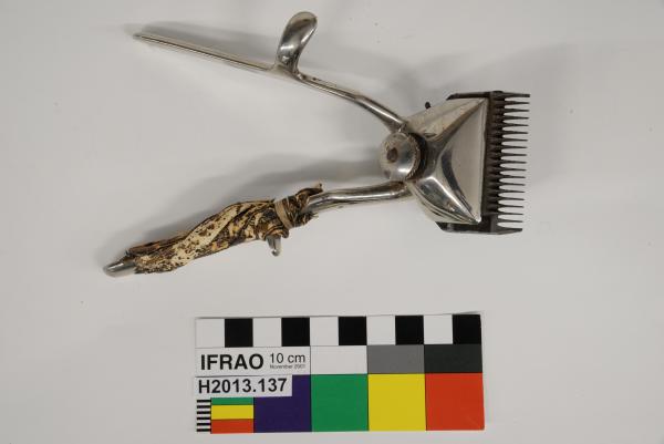 HAIR CLIPPERS, HAND, chromed metal, leather grip tied to one handle, c. 1915
