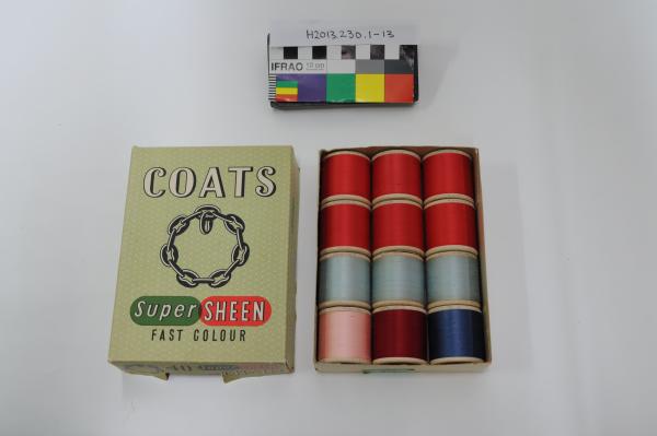 CONTAINER, with lid, ‘COATS SUPER SHEEN’, with 12 thread spools