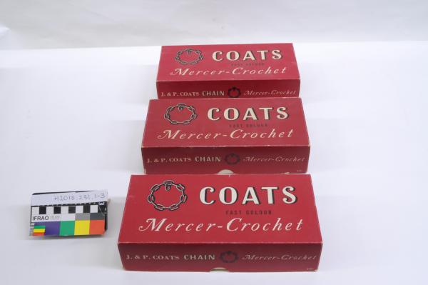 CONTAINERS x3, with red lids, for thread, ‘J & P COATS Mercer-Crochet’