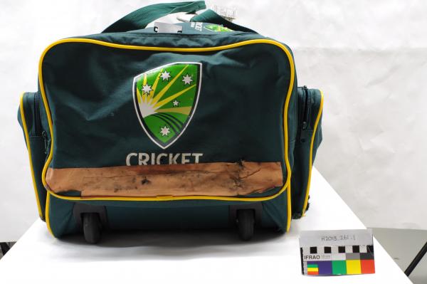 CRICKET GEAR BAG, with detachable strap, green, ‘Mike Hussey’, ‘CRICKET AUSTRALIA’, with luggage label and metal name plate