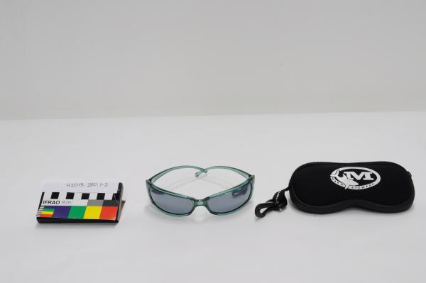 SUNGLASSES, green plastic, with black neoprene carry case, ‘MAKO’, Mike Hussey