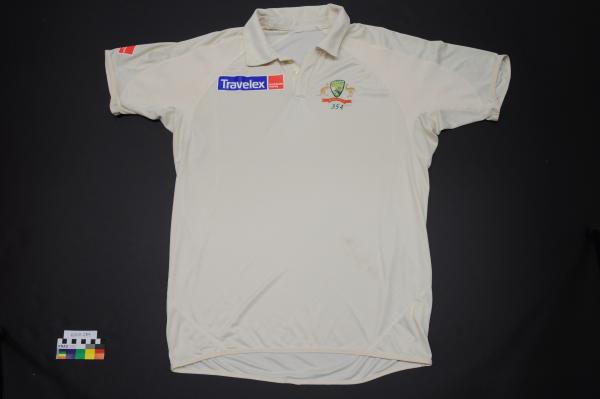 SHIRT, Cricket, cream, polyester?, ‘TRAVELEX’ Australia coat of arms, Justin Langer