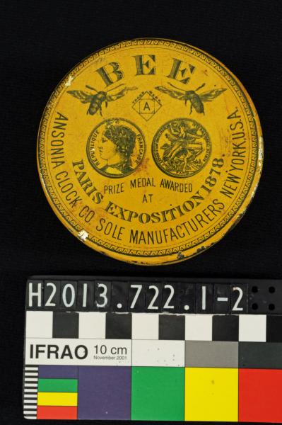 CONTAINER, TIN, ‘ANSONIA CLOCK CO.’, with lid and image of a bee