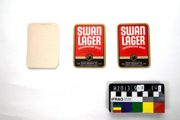 BEER LABELS, x3, small, rectangular, 'SWAN/ LAGER/ AUSTRALIAN BEER', 'Imported by/ DORDIC IMPORTS INC', Swan Brewery