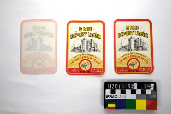 BEER LABELS, x3, large, rectangular, 'EMU/ EXPORT LAGER', Swan Brewery, 26 FL OZ