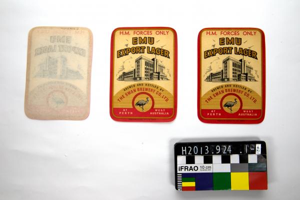 BEER LABELS, x3, large, rectangular, 'EMU/ EXPORT LAGER/ H.M. FORCES ONLY', Swan Brewery