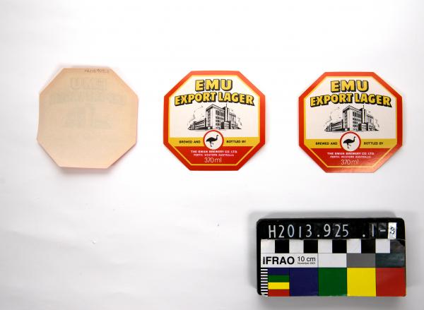 BEER LABELS, x3, small, octagonal, 'EMU/ EXPORT LAGER', Swan Brewery, 370ml