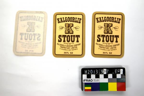 BEER LABELS, x3, large, rectangular, 'KALGOORLIE/ [K]/ STOUT', Kalgoorlie Brewing, 26 FL OZ