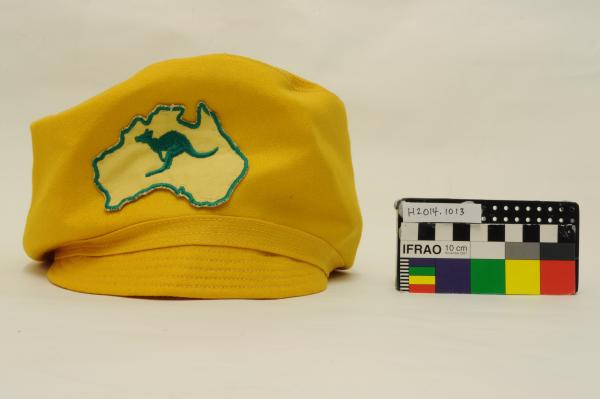 HAT, badminton, yellow, Australian emblem, Kay Terry, 1970