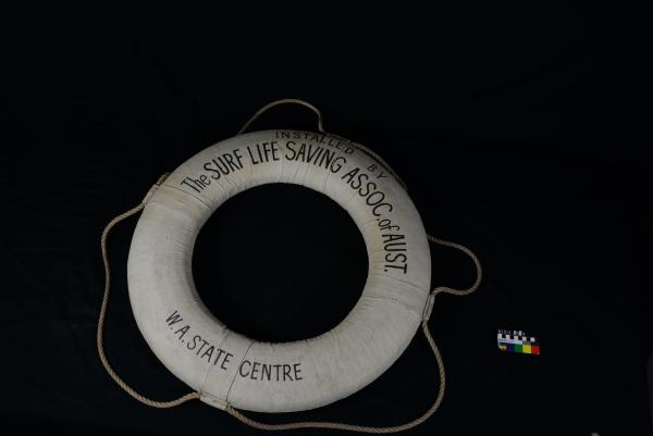 LIFEBUOY, round, painted white canvas, with rope, 'Installed by the S.L.S.A. of A/ W.A State Centre'