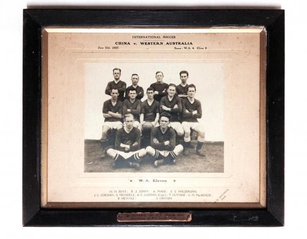 PHOTOGRAPH, framed b&w, group portrait, W.A. State Soccer Team v China., Cottesloe Oval, 11 June 1927