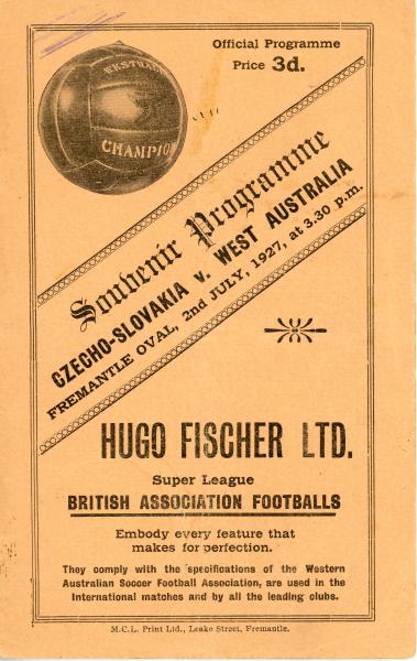 PROGRAMME, international soccer, Czech vs WA, Fremantle Oval, B.A.F., 1927
