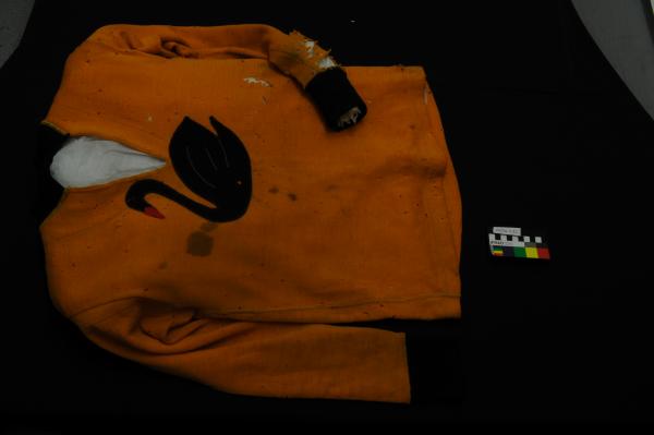 LACROSSE JUMPER, WA State team, gold/black wool, black swan, no.5, Colin Mounsey, 1956