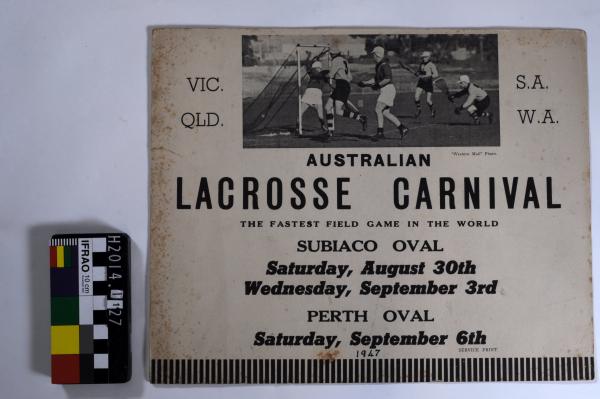 POSTER BOARD, b&w, 'AUSTRALIAN / LACROSSE CARNIVAL', Subiaco Oval and Perth Oval, 1947