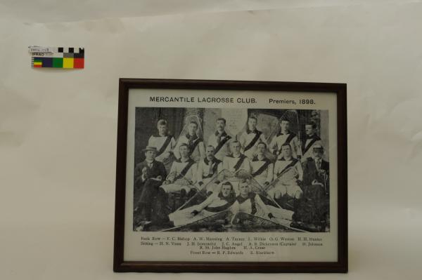 PRINT, b&w, reproduction, framed, 'MERCANTILE LACROSSE CLUB', Premiers, 1898