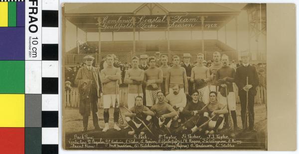 PHOTOGRAPH, postcard, sepia, group portrait, lacrosse, 'Combined Coastal Team/Goldfields Tour Season 1908'