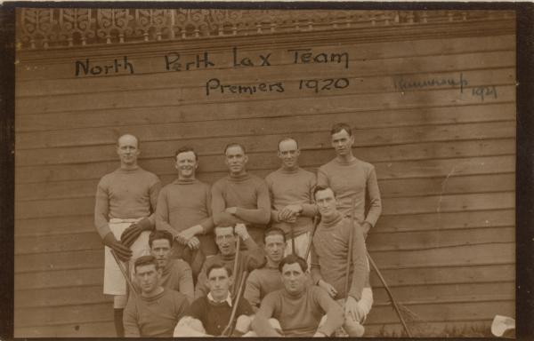 PHOTOGRAPH, Kodak postcard, b&w, sepia, group portrait, North Perth Men's lacrosse team, Premiers, 1920