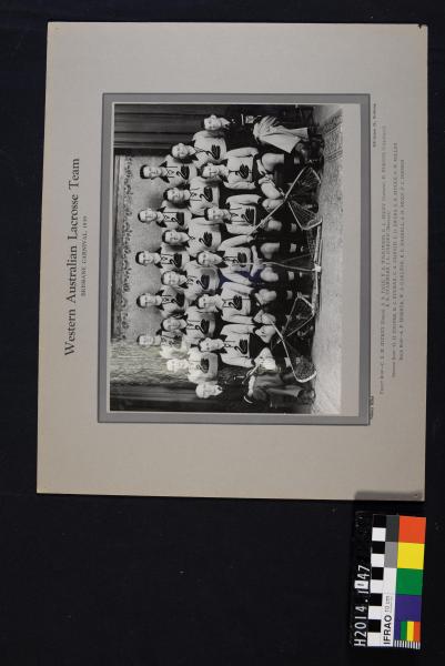 PHOTOGRAPH, b&w, mounted, group photo, 'Western Australian Lacrosse Team/BRISBANE CARNIVAL, 1939'