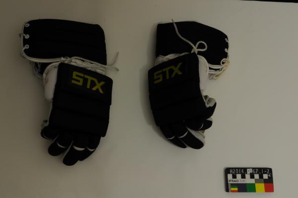 GLOVE, x2, lacrosse, black/white, yellow 'STX', 1980s