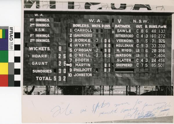 PHOTOGRAPH, b&w, cricket, W.A.C.A. scoreboard, W.A vs N.S.W., 1957