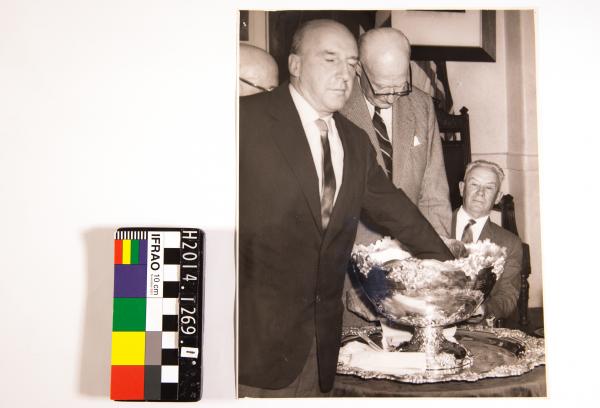 PHOTOGRAPH, b&w, with caption sheet, tennis, Davis Cup Draw, Vanni Canapele, Sir Charles, N. Strange, Perth, 1960