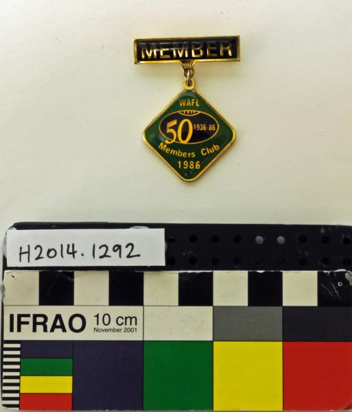 BADGE, black/green/gold enamelled, diamond shaped with bar, 'MEMBER', 'WAFL/ Members Club/ 1986'