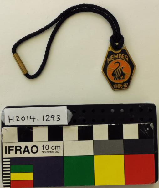 IDENTIFICATION BADGE, cricket, metal, enamelled, on black cord, 'WACA/ MEMBER/ 1986 - 1987'