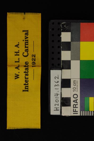 PENNANT, hockey, yellow ribbon, black font, 'W.A.L.H.A.'/ Interstate Carnival/ 1922'