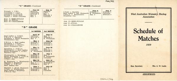 PAMPHLET, 'Schedule of Matches', W.A. Women's Hockey Association, 1929