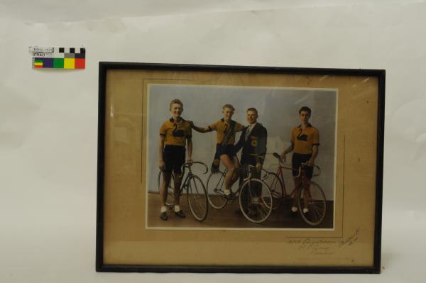 PHOTOGRAPH, framed, b&w, colour tinted, cycling,  Noel Davey, 1951