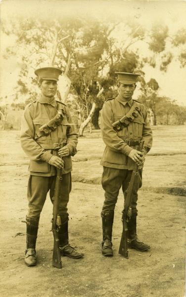 PHOTOGRAPH, b&w, kodak postcard, portrait, WW1, A.I.F., Edward Henson Broadhurst (L) & Harry Broadhurst (R), Blackboy Hill, Perth, W.A., c1916