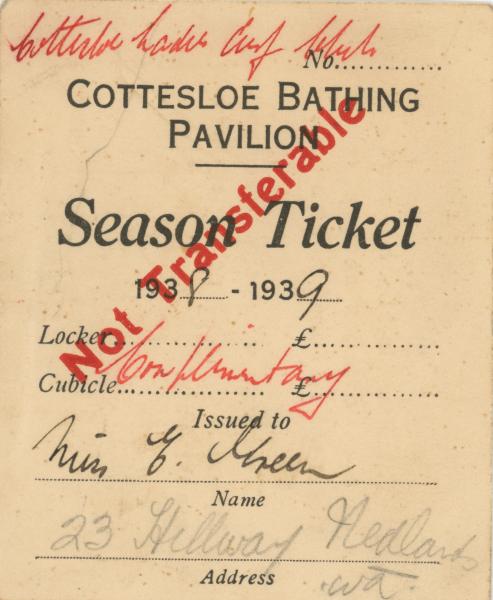 TICKET STUB, Cottesloe Baths, Ethel Green, 1938-1939