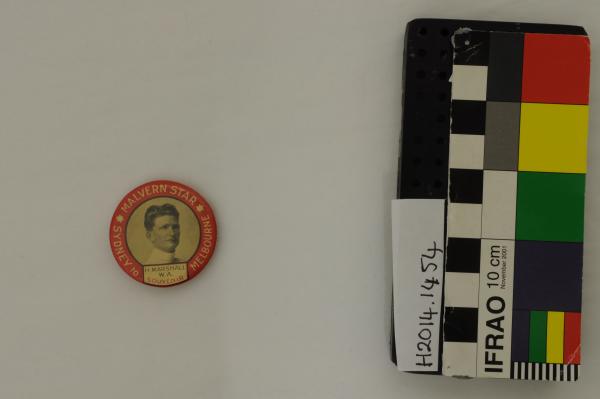 BUTTON BADGE, cycling, souvenir, portrait of Horrie Marshall, 'MALVERN STAR/ SYDNEY to MELBOURNE'