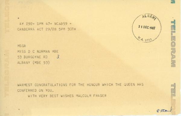 TELEGRAM, Decima Norman, from Malcolm Fraser, 31 Dec 1982