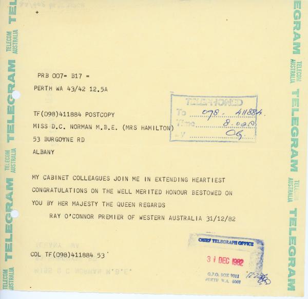 TELEGRAM, Decima Norman, from Premier Ray O'Connor, 31 Dec 1982
