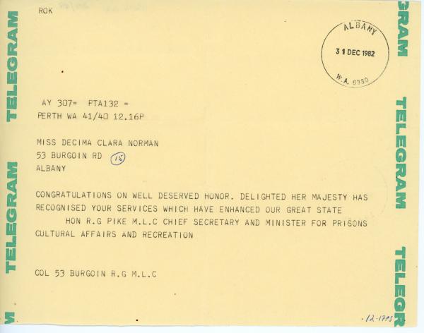 TELEGRAM, Decima Norman, from R.G. Pike, 31 Dec 1982