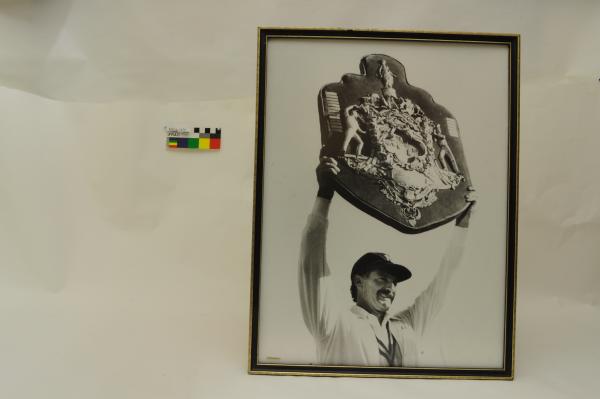 PHOTOGRAPH, framed, b&w, Dennis Lillee with Sheffield Shield